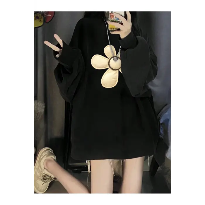 Çiçekli Düşük Sweat Siyah