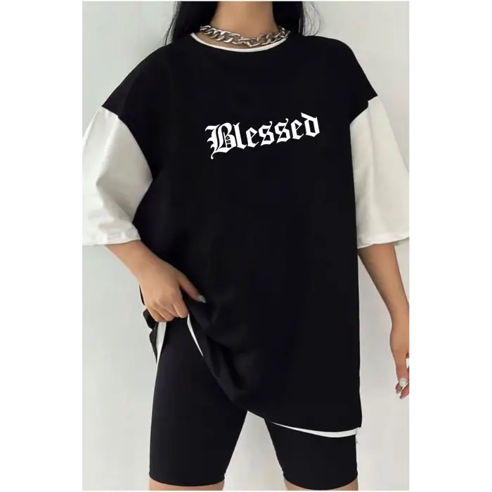 Çift Renk BLESSED Baskılı Unisex Tshirt