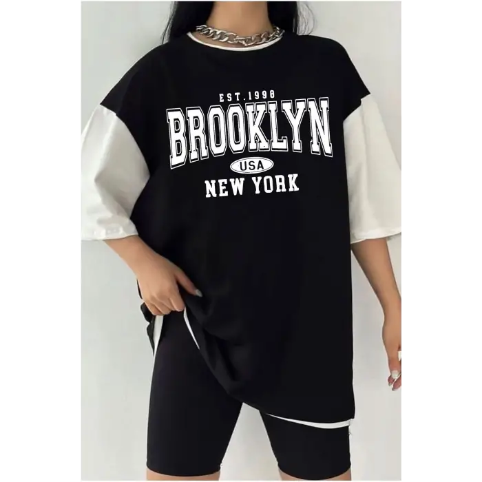 Çift Renk BROOKLYN 1898 Baskılı Unisex Tshirt