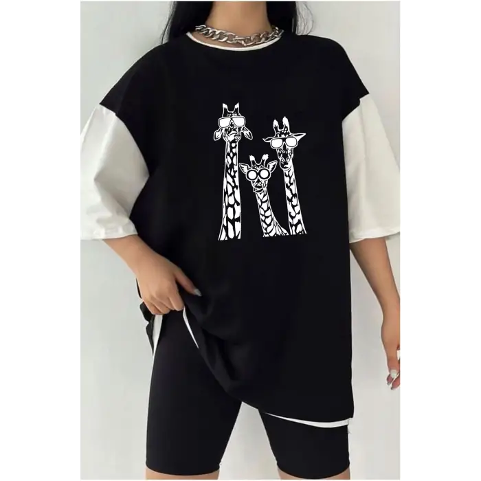 Çift Renk COOL ZURAFA  Baskılı Unisex Tshirt