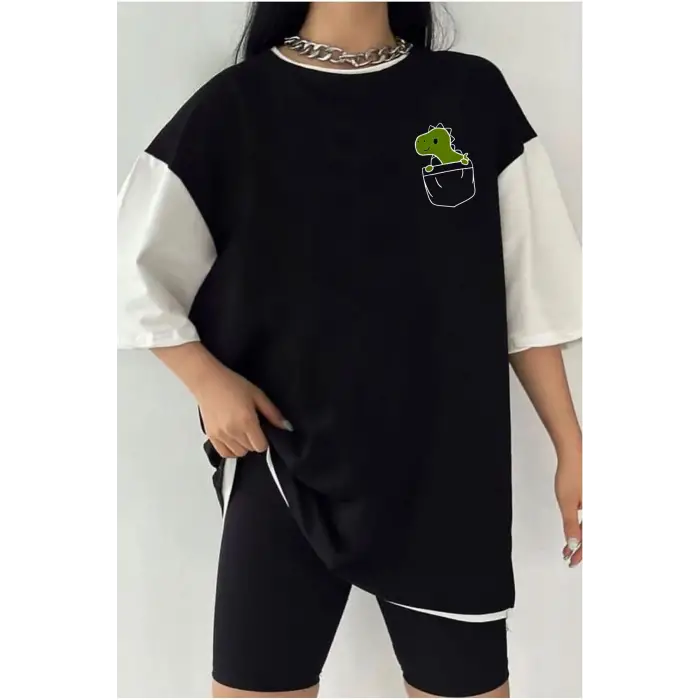 Çift Renk DİNO Baskılı Unisex Tshirt