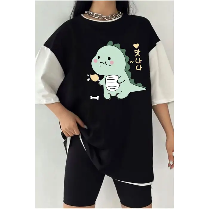 Çift Renk Dino Baskılı Unisex Tshirt