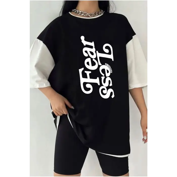 Çift Renk FEAR LESS Baskılı Unisex Tshirt
