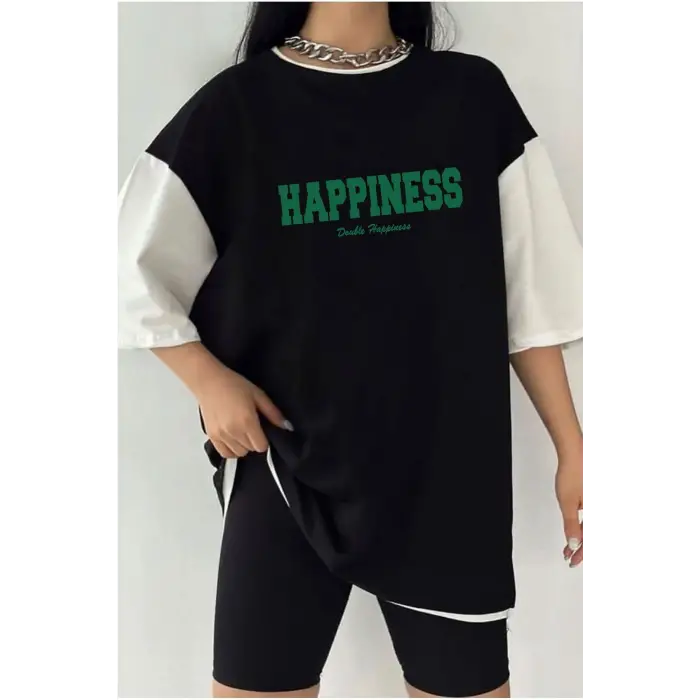 Çift Renk HAPPINESS Baskılı Unisex Tshirt