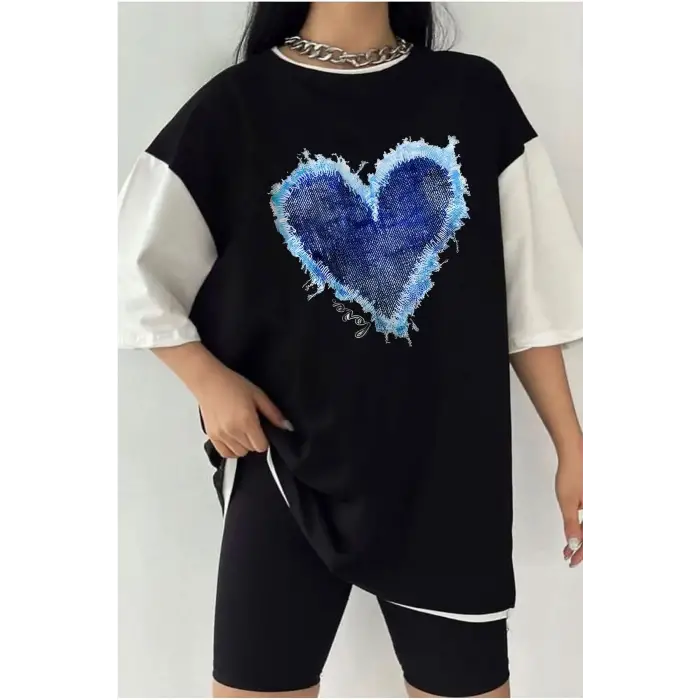 Çift Renk KALP Baskılı Unisex Tshirt