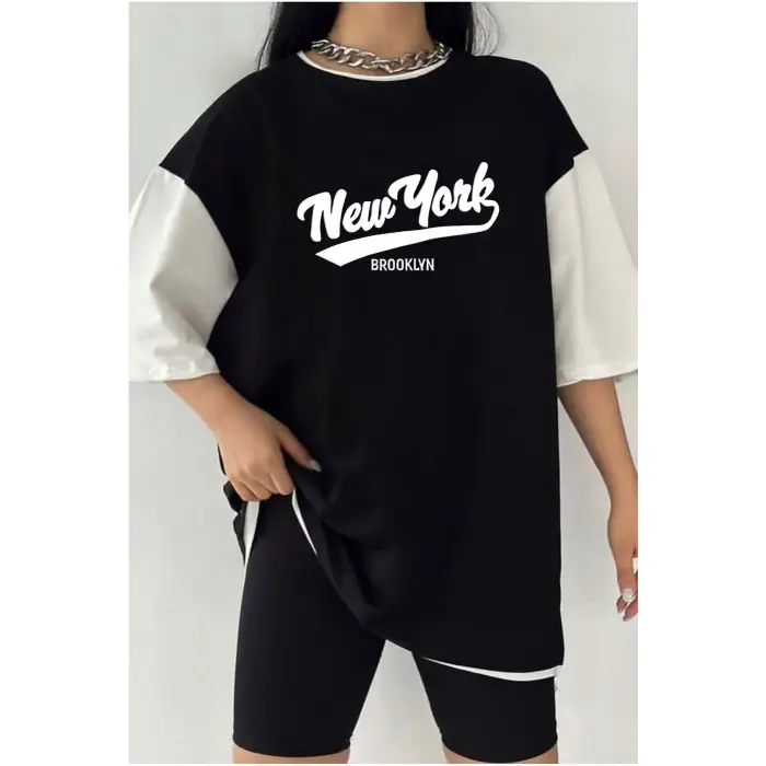 Çift Renk NEW YORK K Baskılı Unisex Tshirt