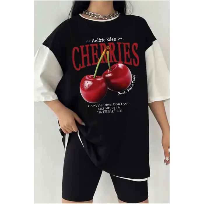 Çift Renk Red Cherries Baskılı Unisex Tshirt