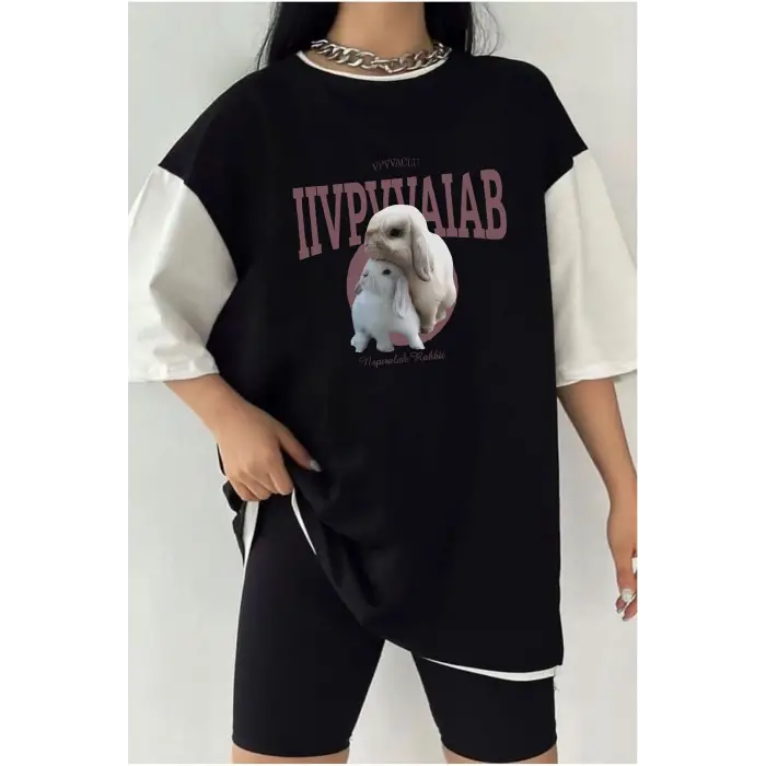 Çift Renk TAVŞAN Baskılı Unisex Tshirt