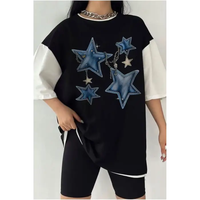Çift Renk YILDIZ 3 Baskılı Unisex Tshirt