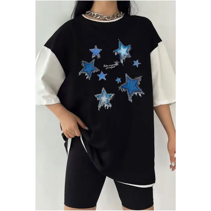 Çift Renk YILDIZ Baskılı Unisex Tshirt