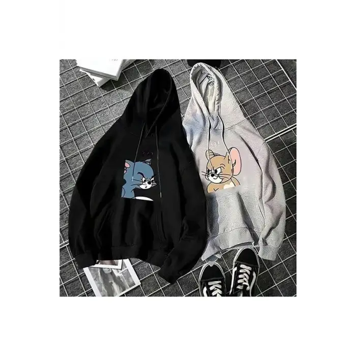 Çift Sevgili Siyah Gri Tom Ve Jery Baskılı Oversize Kapüşonlu Sweatshirt