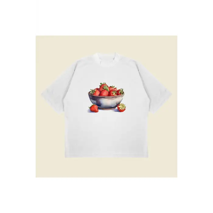 Çilek Vintage Baskılı Oversize Unisex Pamuklu Nefes Alan Kalın Kumaşlı