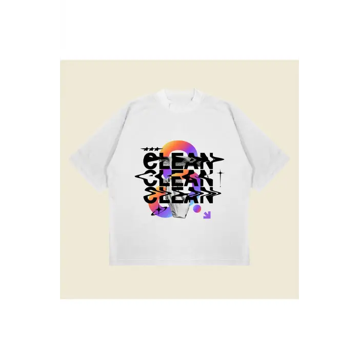 Clean Baskılı Oversize Unisex Pamuklu Nefes Alan Kalın Kumaşlı