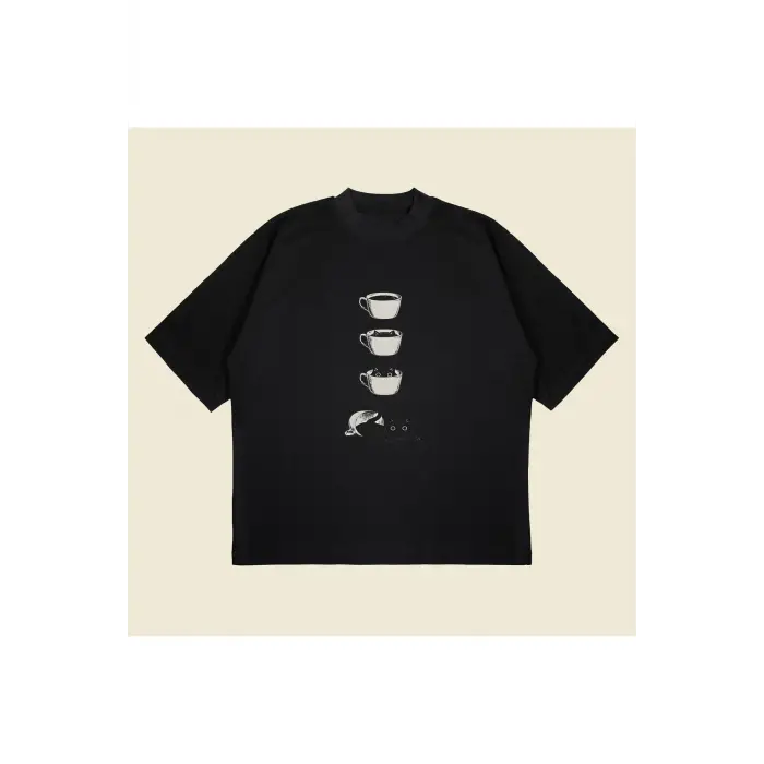 Coffee Cat Baskılı Oversize Unisex Pamuklu Nefes Alan Kalın Kumaşlı
