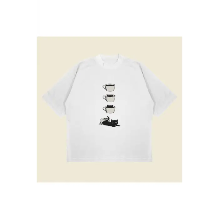 Coffee Cat Baskılı Oversize Unisex Pamuklu Nefes Alan Kalın Kumaşlı