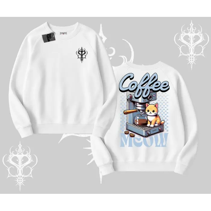 Coffee Meow Kahve Temalı Kedi Arka Baskılı Biskilet Sweatshirt