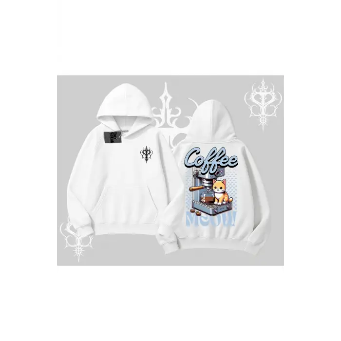 Coffee Meow Kahve Temalı Kedi Arka Baskılı Kapşonlu Sweatshirt