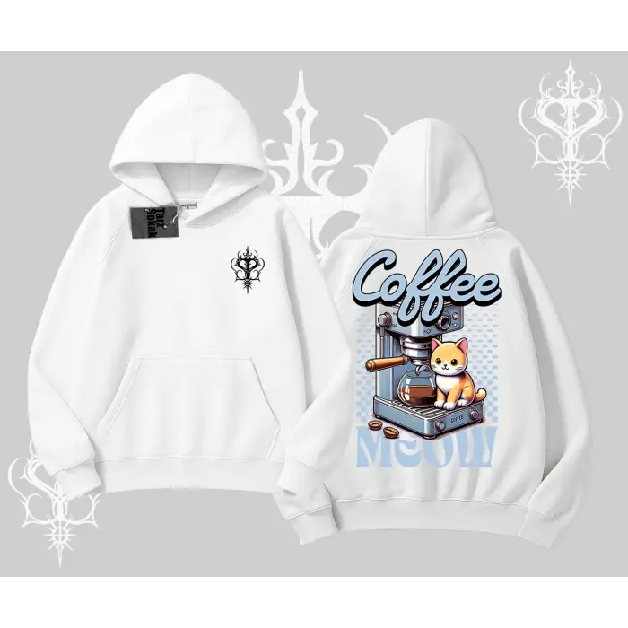 Coffee Meow Kahve Temalı Kedi Arka Baskılı Kapşonlu Sweatshirt