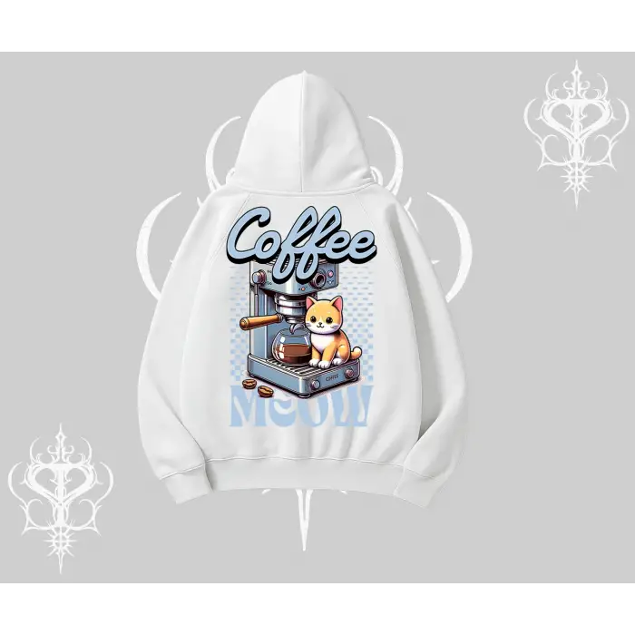 Coffee Meow Kahve Temalı Kedi Arka Baskılı Kapşonlu Sweatshirt