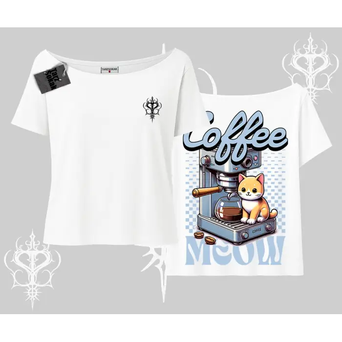 Coffee Meow Kahve Temalı Kedi Arka Baskılı Kayık Yaka Tshirt