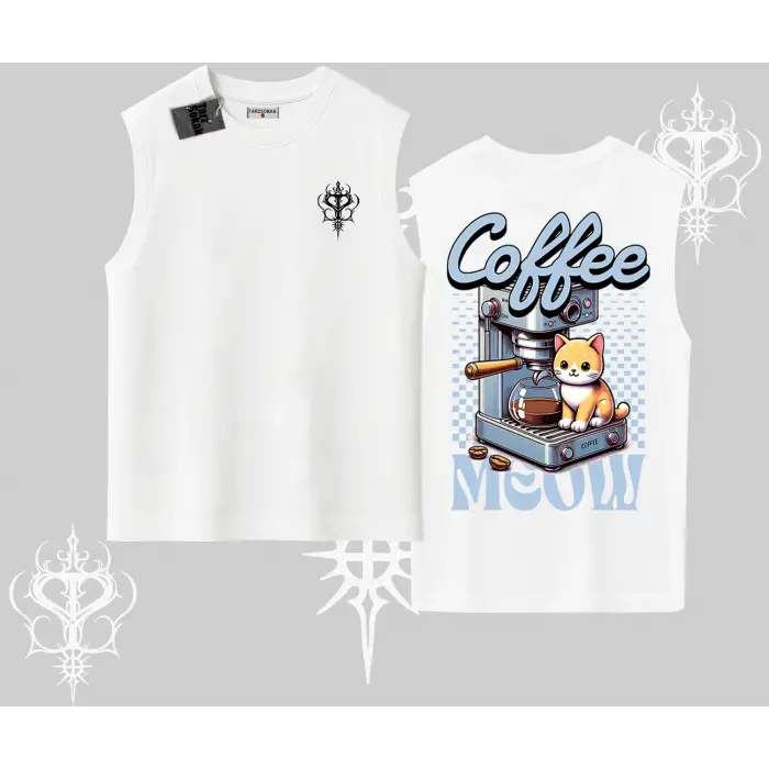 Coffee Meow Kahve Temalı Kedi Arka Baskılı Kolsuz Tshirt