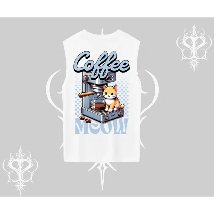 Coffee Meow Kahve Temalı Kedi Arka Baskılı Kolsuz Tshirt