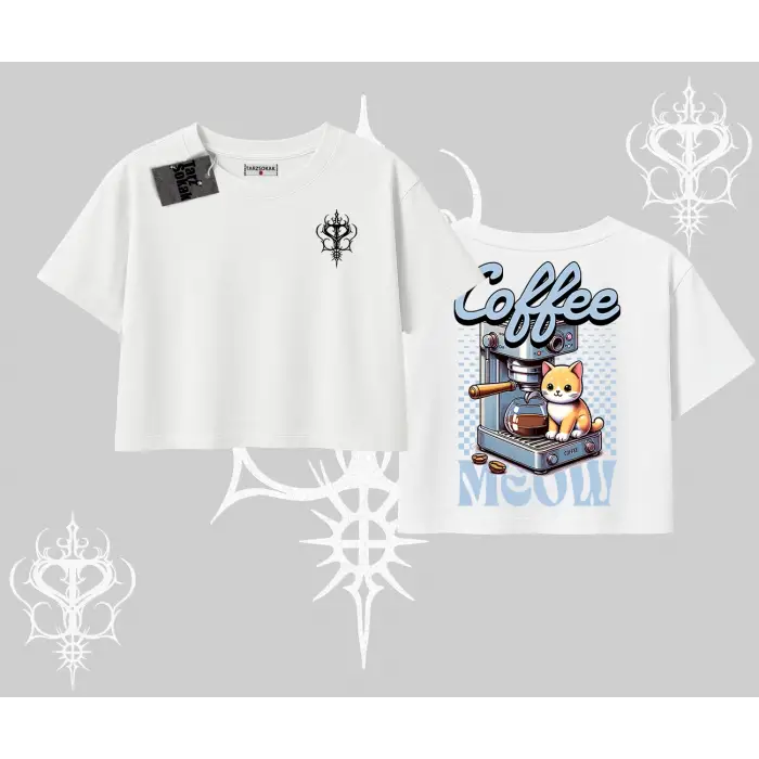 Coffee Meow Kahve Temalı Kedi Arka Baskılı Oversize Crop Tshirt