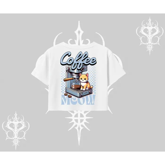 Coffee Meow Kahve Temalı Kedi Arka Baskılı Oversize Crop Tshirt
