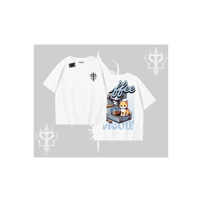 Coffee Meow Kahve Temalı Kedi Arka Baskılı Oversize Tshirt