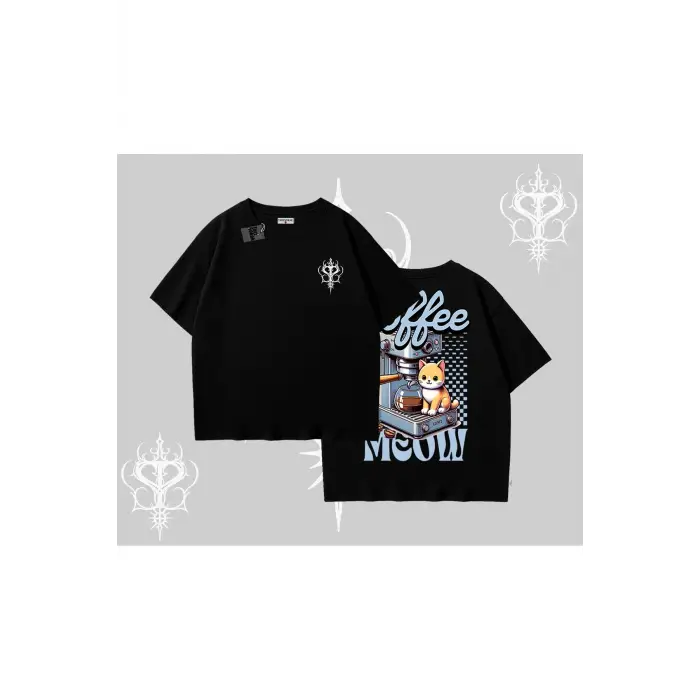 Coffee Meow Kahve Temalı Kedi Arka Baskılı Oversize Tshirt