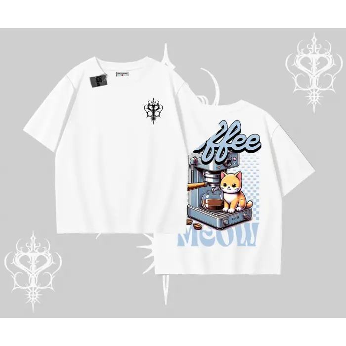 Coffee Meow Kahve Temalı Kedi Arka Baskılı Oversize Tshirt