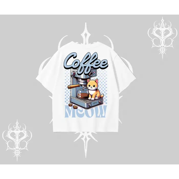 Coffee Meow Kahve Temalı Kedi Arka Baskılı Oversize Tshirt