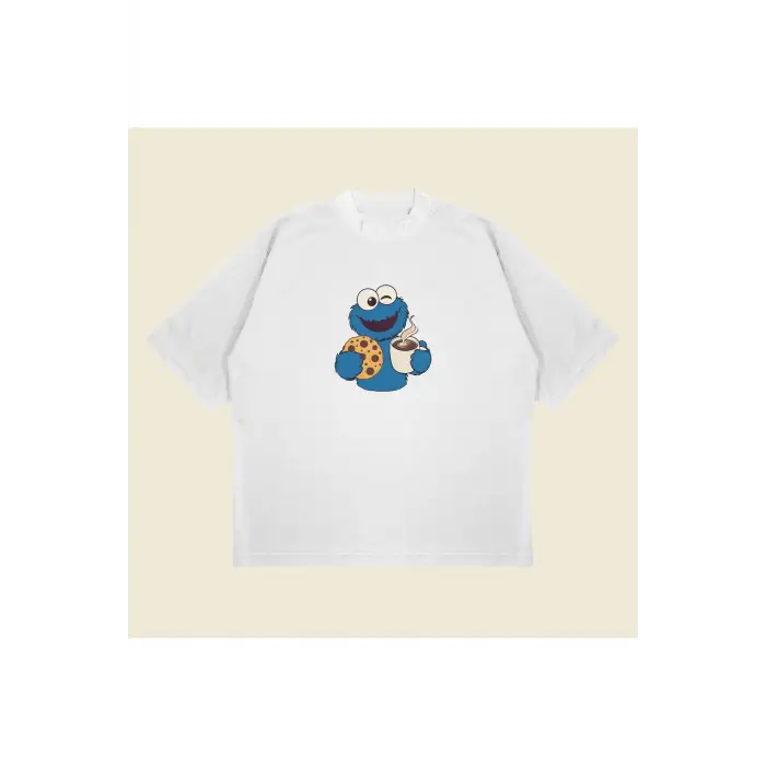 Coffee Monster Baskılı Oversize Unisex Pamuklu Nefes Alan Kalın Kumaşlı