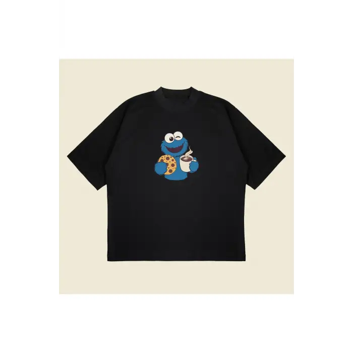 Coffee Monster Baskılı Oversize Unisex Pamuklu Nefes Alan Kalın Kumaşlı