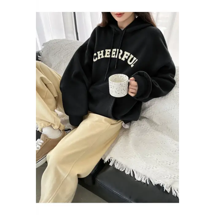 Coke serisi Dazy-Less Letter Graphic Kangaroo Pocket Drawstring Hoodie