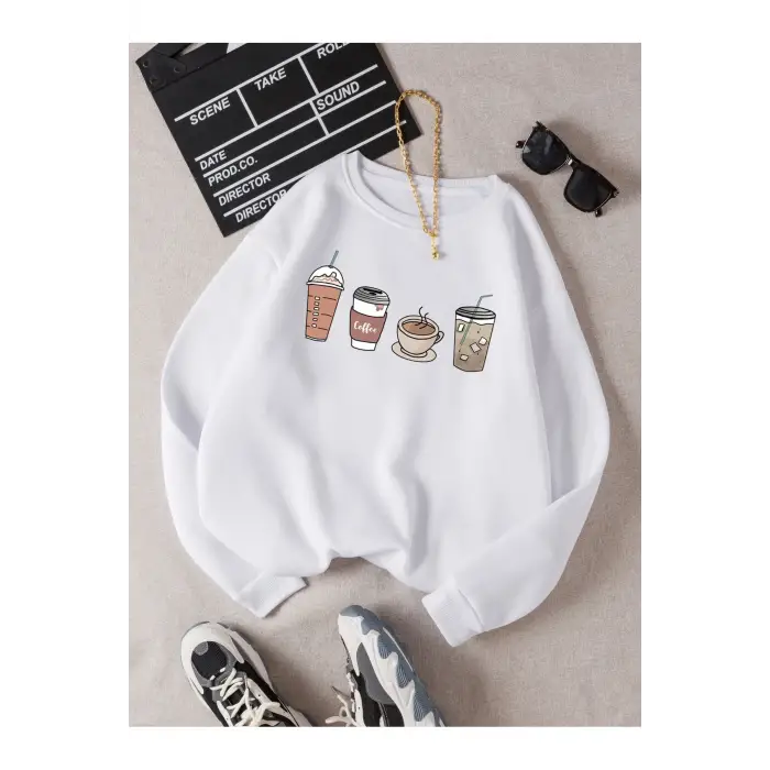 Coke serisi EZwear Coffee Print Thermal Lined Sweatshirt