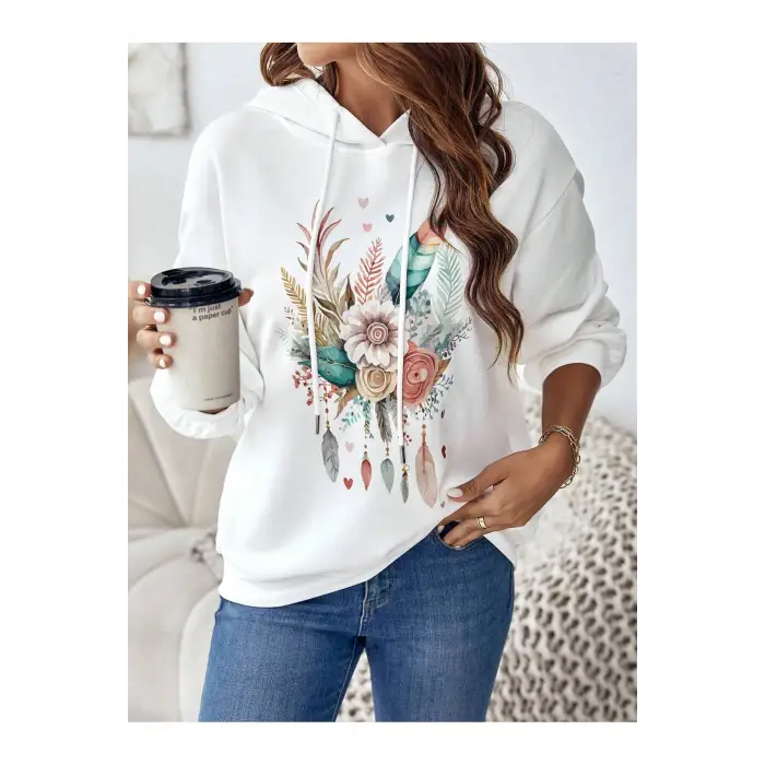 Coke serisi Floral & Feather Print Drop Shoulder Drawstring Hoodie