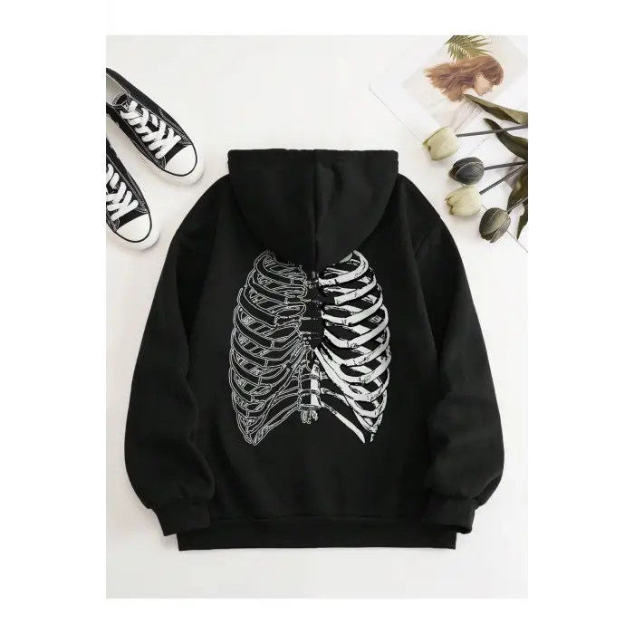 Coke serisi Skeleton Print Zip Up Thermal Lined Drawstring Hoodie