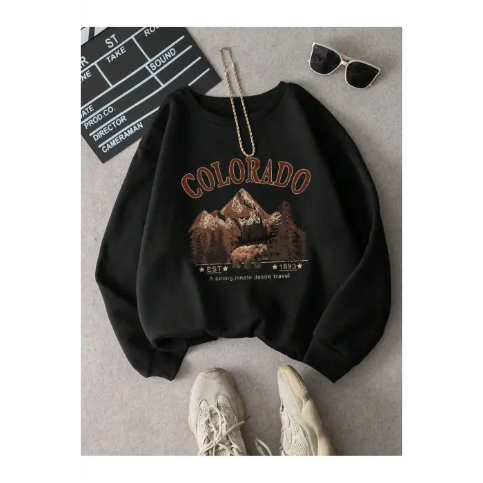 Colorado Baskılı Üç İplik Unisex Oversize Sweatshirt Siyah
