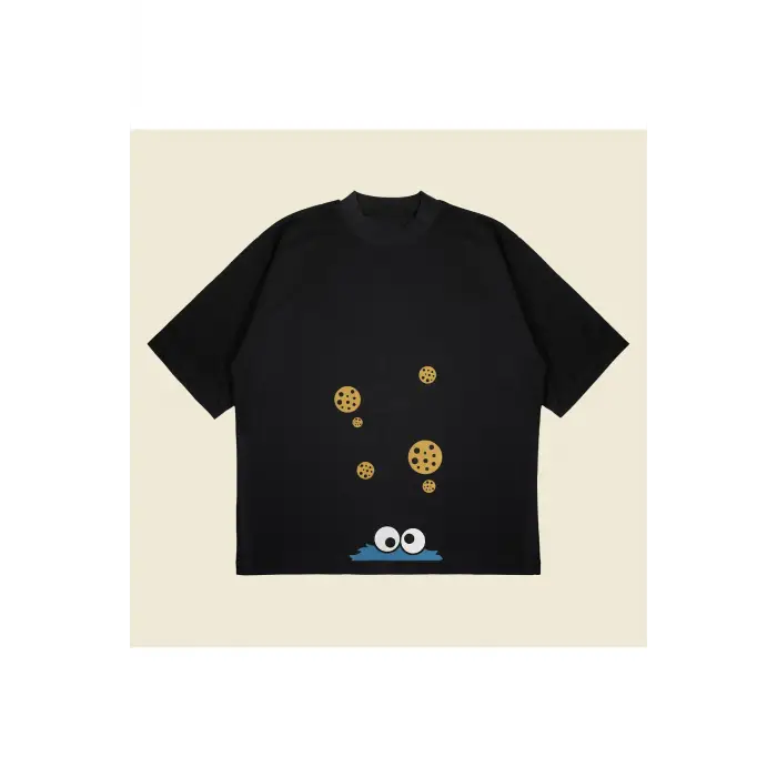 Cookie Monster Baskılı Oversize Unisex Pamuklu Nefes Alan Kalın Kumaşlı