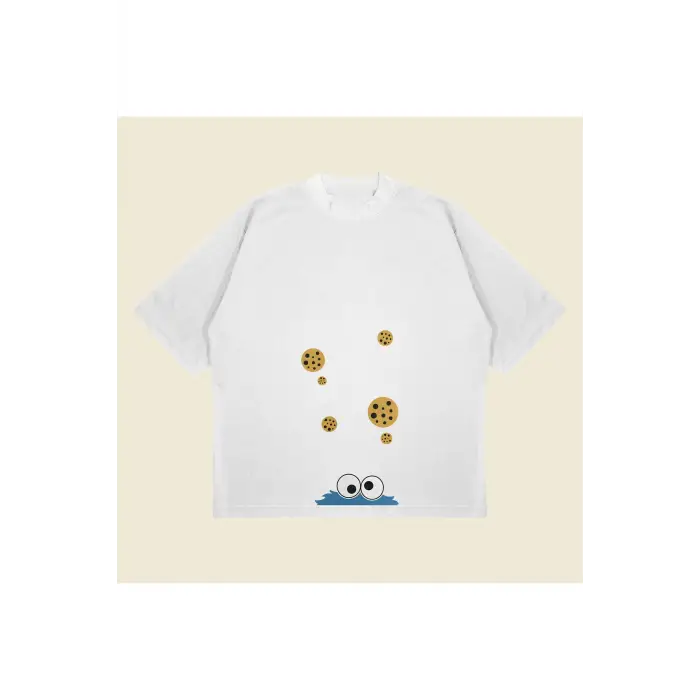 Cookie Monster Baskılı Oversize Unisex Pamuklu Nefes Alan Kalın Kumaşlı