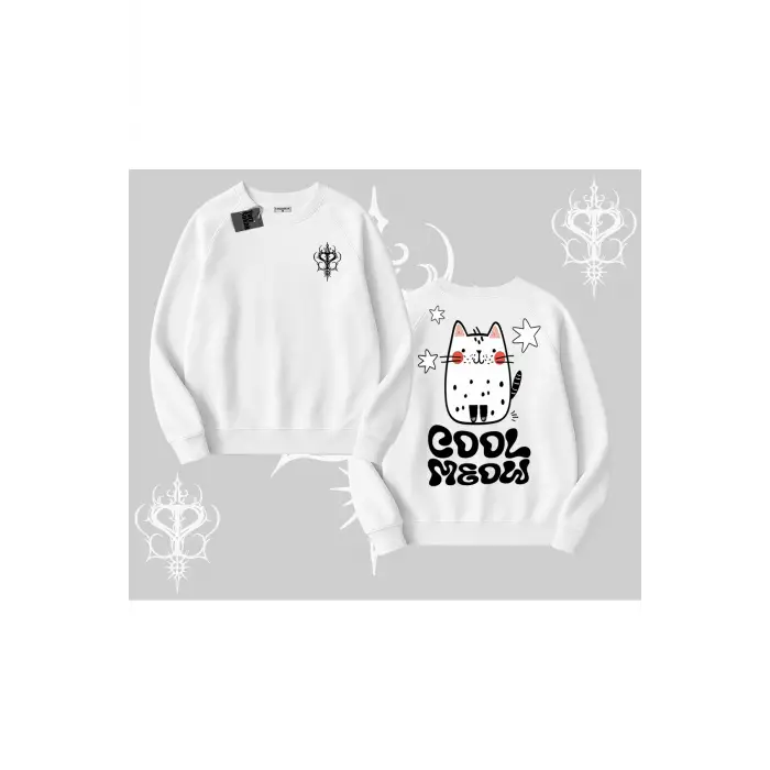 Cool Meow Yazılı Sevimli Kedi Arka Baskılı Biskilet Sweatshirt