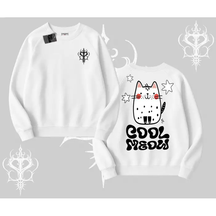 Cool Meow Yazılı Sevimli Kedi Arka Baskılı Biskilet Sweatshirt