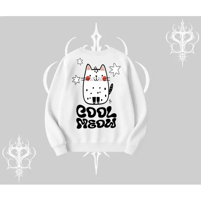 Cool Meow Yazılı Sevimli Kedi Arka Baskılı Biskilet Sweatshirt