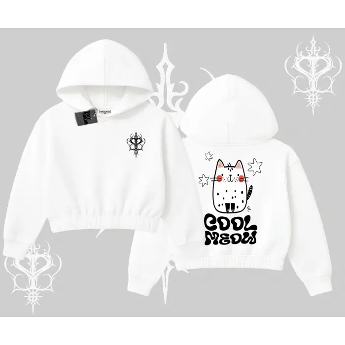 Cool Meow Yazılı Sevimli Kedi Arka Baskılı Kapşonlu Crop Sweatshirt