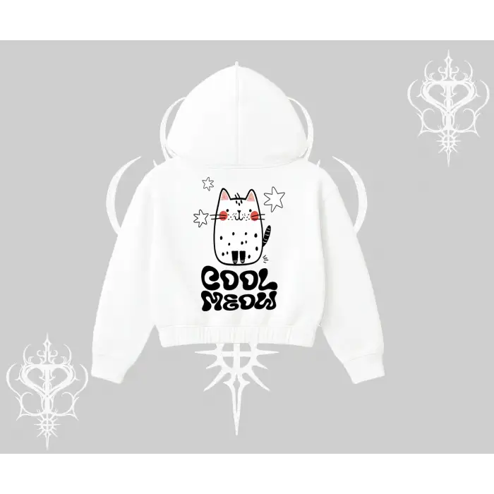 Cool Meow Yazılı Sevimli Kedi Arka Baskılı Kapşonlu Crop Sweatshirt