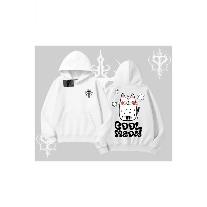 Cool Meow Yazılı Sevimli Kedi Arka Baskılı Kapşonlu Sweatshirt
