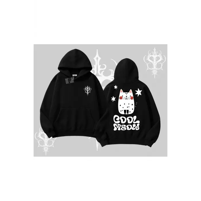 Cool Meow Yazılı Sevimli Kedi Arka Baskılı Kapşonlu Sweatshirt