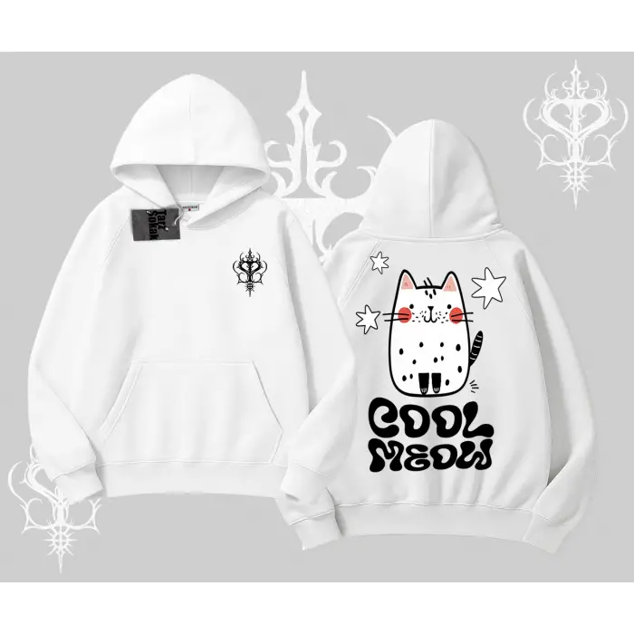 Cool Meow Yazılı Sevimli Kedi Arka Baskılı Kapşonlu Sweatshirt