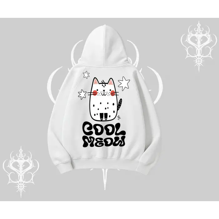 Cool Meow Yazılı Sevimli Kedi Arka Baskılı Kapşonlu Sweatshirt